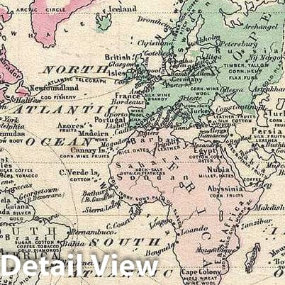 Historic Map : Johnson Map of The World Showing The Animal Kingdom, Industries, and Currents, 1864, Vintage Wall Art