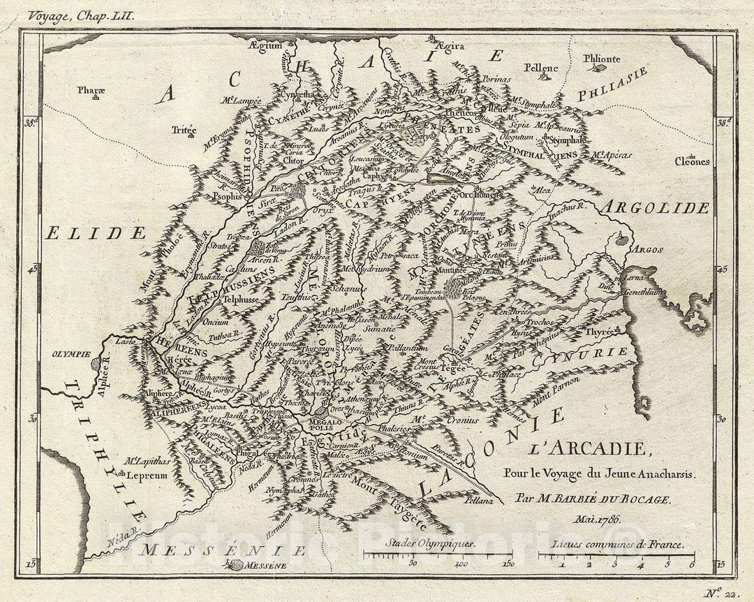 Historic Map : Bocage Mao of Arcadia, Ancient Greece, 1786, Vintage Wall Art