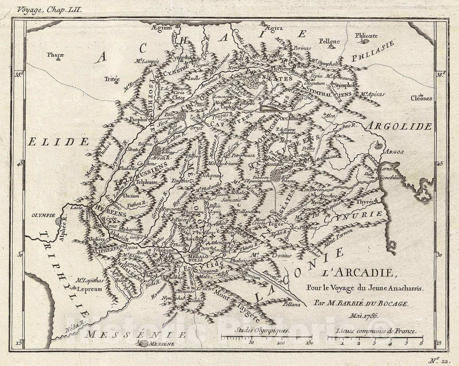 Historic Map : Bocage Mao of Arcadia, Ancient Greece, 1786, Vintage Wall Art