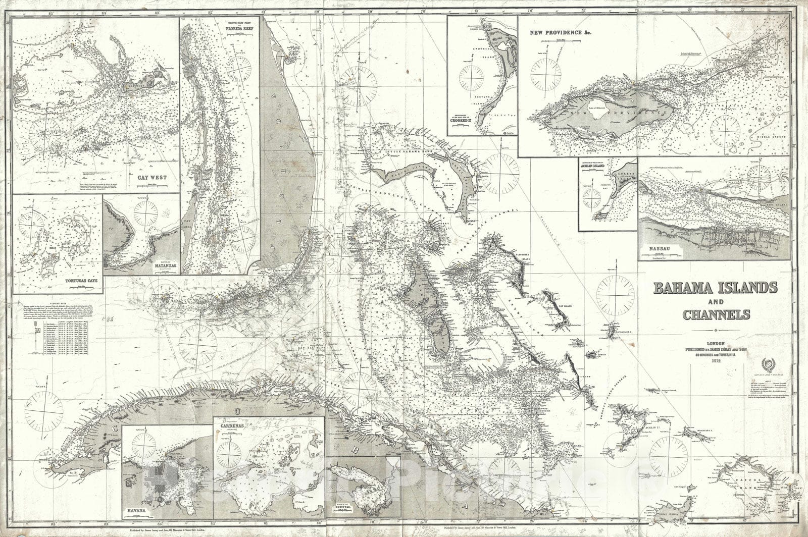 Historic Map : Imray Antique Map or Blueback Nautical Chart of The Bahamas and Florida, 1872, Vintage Wall Art