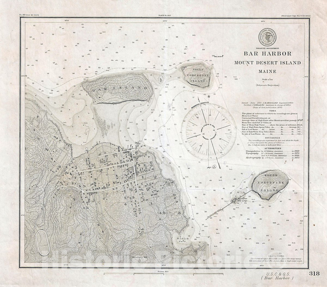 Historic Map : U.S. Coast Survey Chart or Antique Map of Bar Harbor, Mount Desert Island, Maine, 1885, Vintage Wall Art