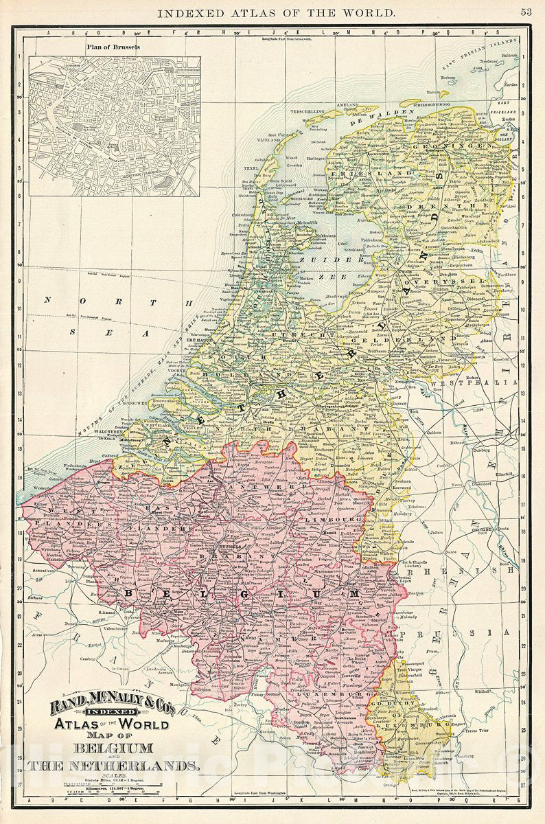 Historic Map : Rand McNally Map of Belgium and The Netherlands, 1892, Vintage Wall Art