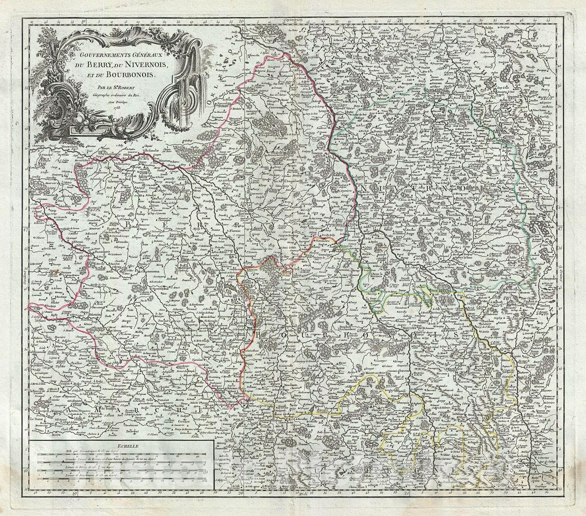 Historic Map : Vaugondy Antique Map of The Nivernais, Berry and Bourbonnais Regions of France, 1753, Vintage Wall Art