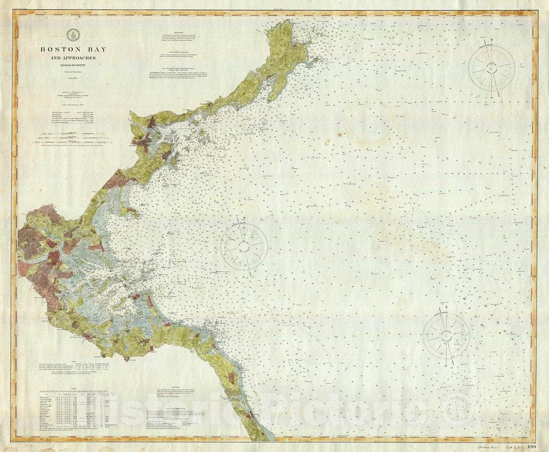 Historic Map : U. S. Coast Survey Chart or Map of Boston Bay, Massachusetts, 1905, Vintage Wall Art