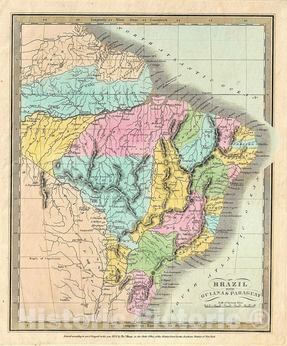 Historic Map : Burr Map of Brazil, Guyana, Paraguay and Uruguay, 1834, Vintage Wall Art