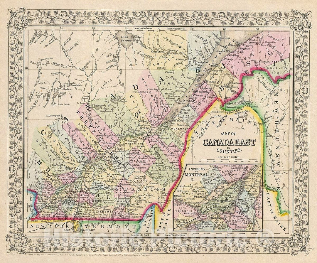 Historic Map : Mitchell Map of Quebec, Canada, 1868, Vintage Wall Art