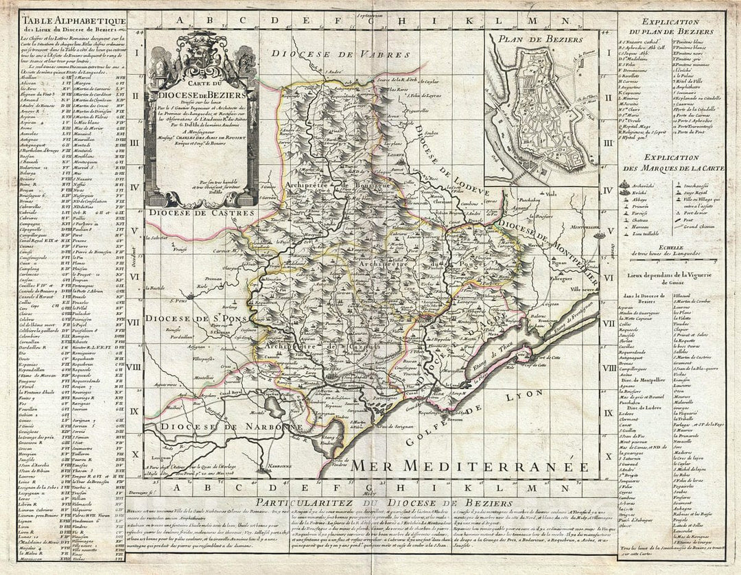 Historic Map : De L'isle Map of The Diocese of Beziers, France (Languedoc Wine Region), 1708, Vintage Wall Art