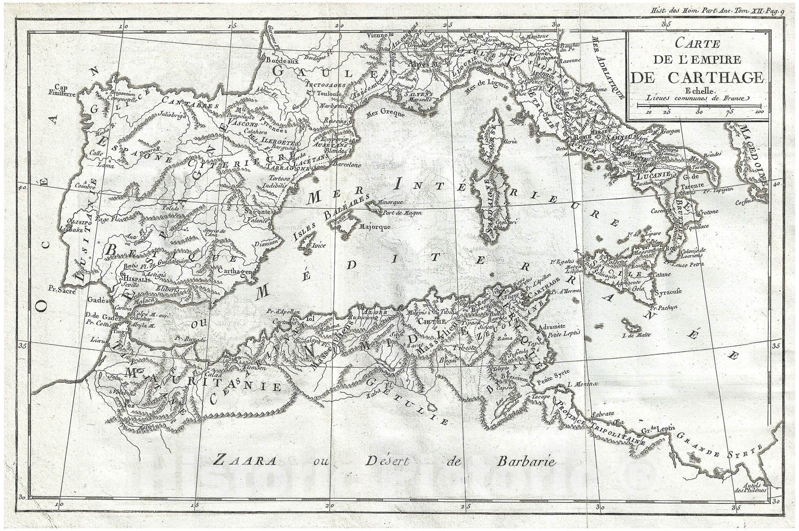 Historic Map : Delisle de Sales Map of The Empire of Carthage (North Africa, Spain, Italy), 1770, Vintage Wall Art