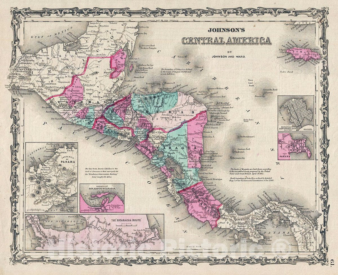 Historic Map : Johnson Map of Central America, 1863, Vintage Wall Art