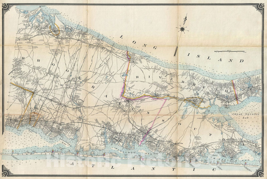 Historic Map : Hyde Map of Central and Eastern Long Island (Suffolk County, Riverhead, Quogue, West Hampton), 1896, Vintage Wall Art