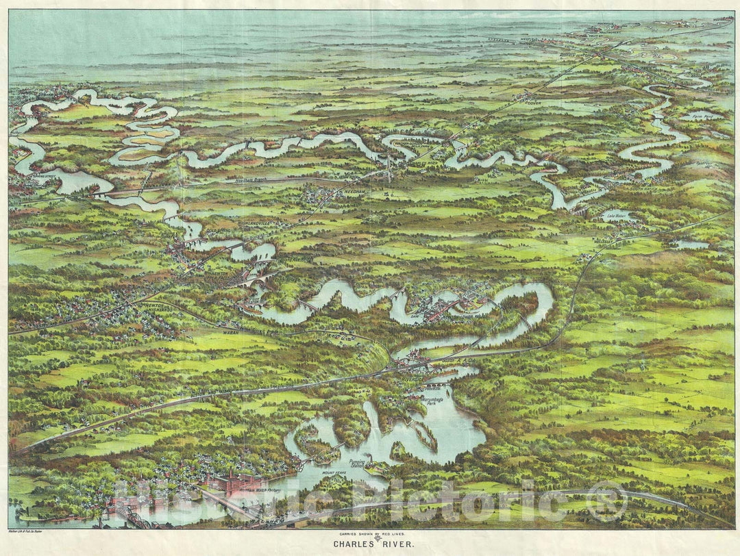 Historic Map : Walker Map and View of Charles River, Massachusetts, 1907, Vintage Wall Art