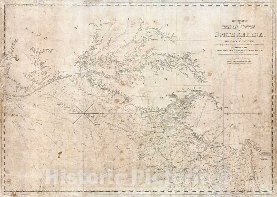 Historic Map : Blunt Nautical Map of The Chesapeake Bay, Delaware Bay, and Albemarle Sound, 1851, Vintage Wall Art