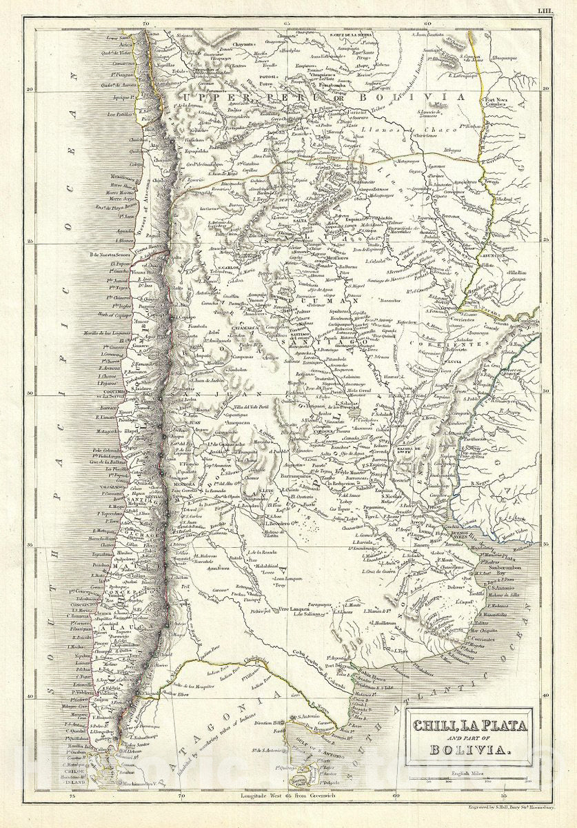 Historic Map : Black Map of Chile, La Plata (Argentine Republic) and Bolivia, 1844, Vintage Wall Art