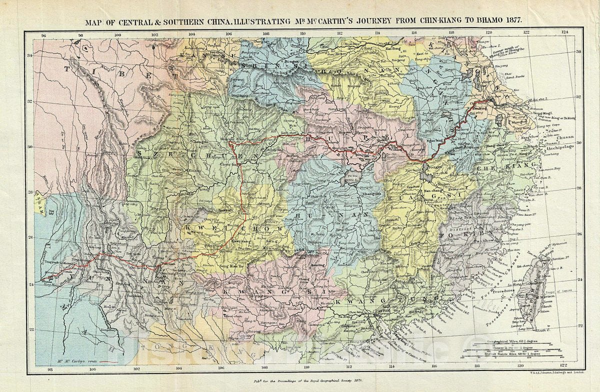 Historic Map : Johnston Map of Central and Southern China, 1879, Vintage Wall Art