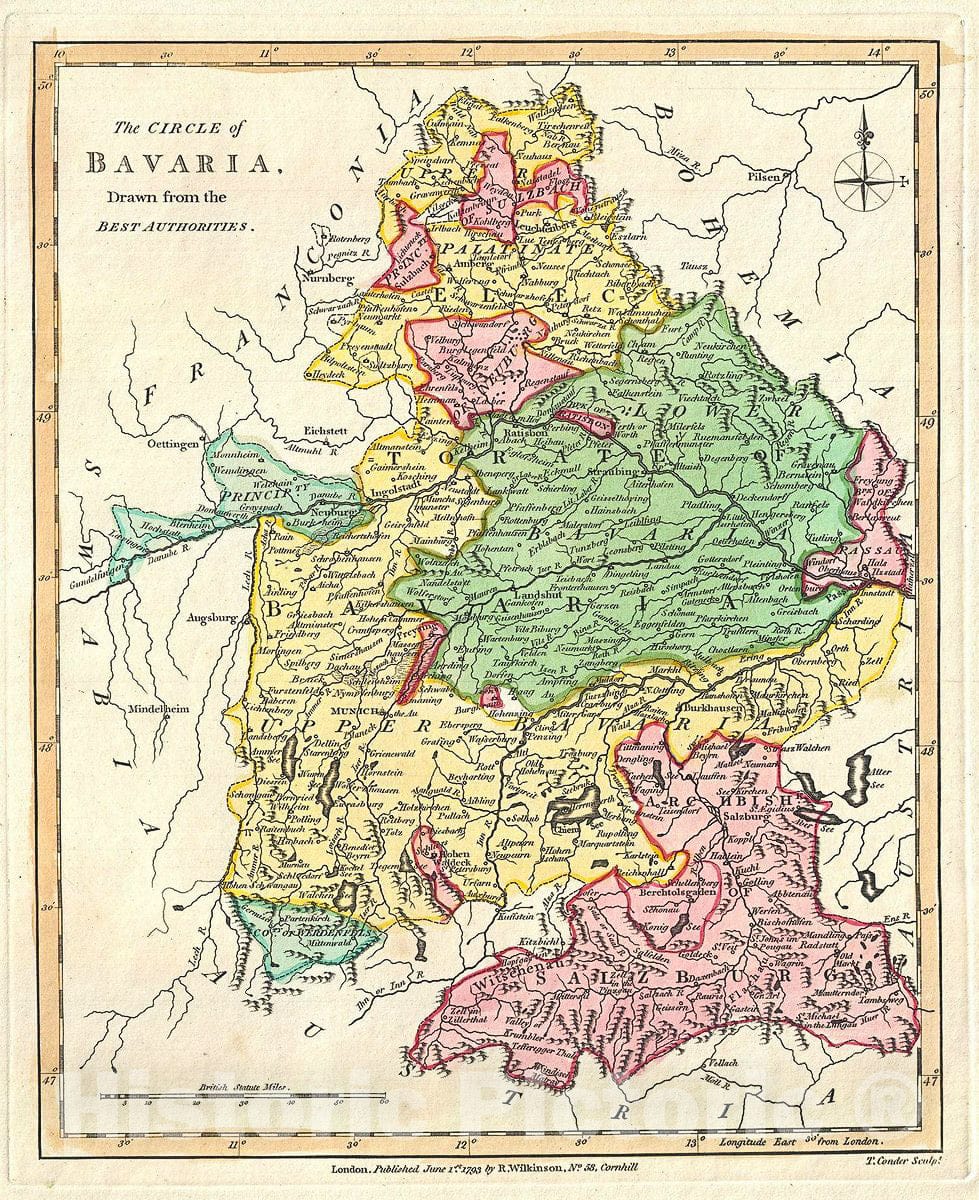 Historic Map : Wilkinson Map of Bavaria, Germany, 1793, Vintage Wall Art