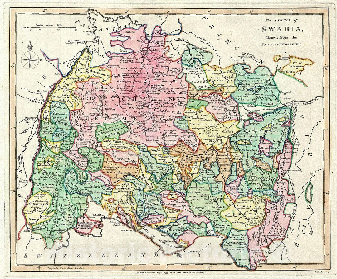 Historic Map : Wilkinson Map of Swabia, Germany, 1793, Vintage Wall Art