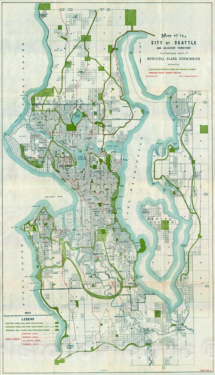 Historic Map : Bogue Antique Map or Plan of The City of Seattle, Washington, 1911, Vintage Wall Art