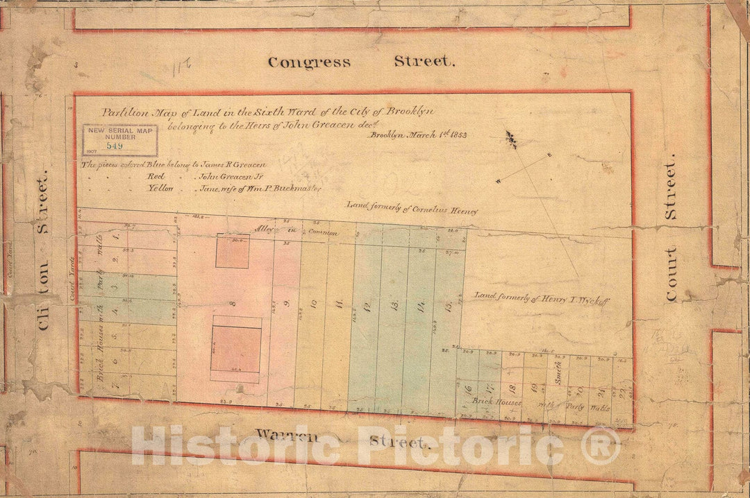 Historic Map : Manuscript Survey Map of Cobble Hill, Brooklyn, New York, 1853, Vintage Wall Art