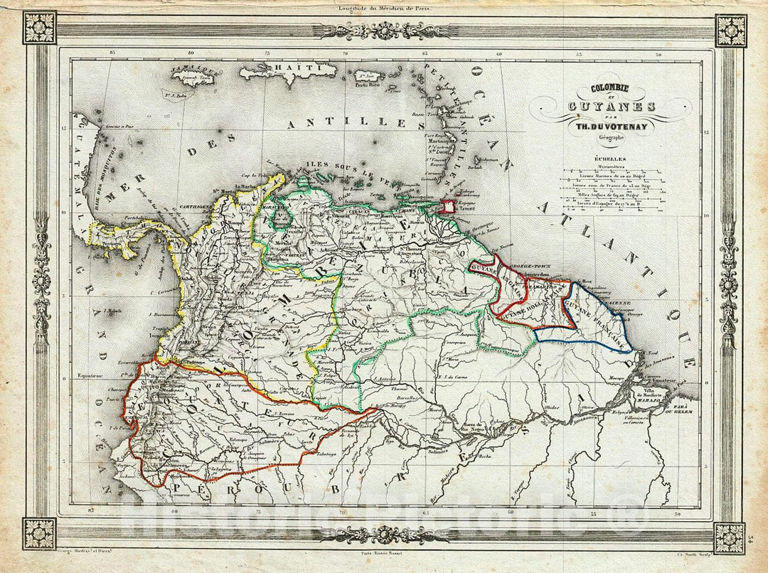 Historic Map : Duvotenay Map of Colombia and Guyana, 1852, Vintage Wall Art