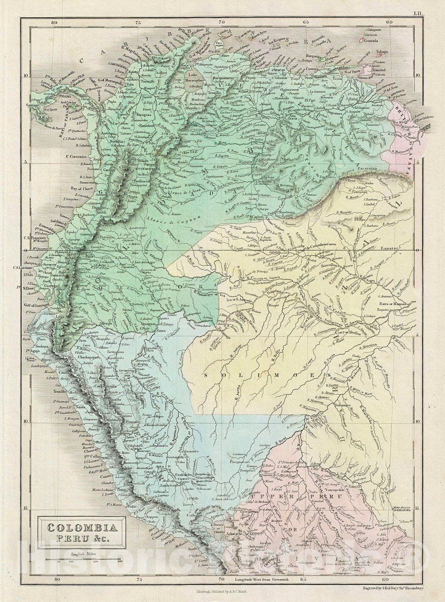 Historic Map : Black Map of Colombia and Peru, 1851, Vintage Wall Art