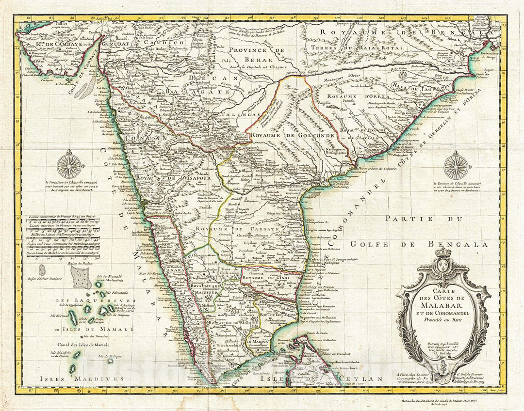 Historic Map : Delisle Map of Southern India, 1745, Vintage Wall Art