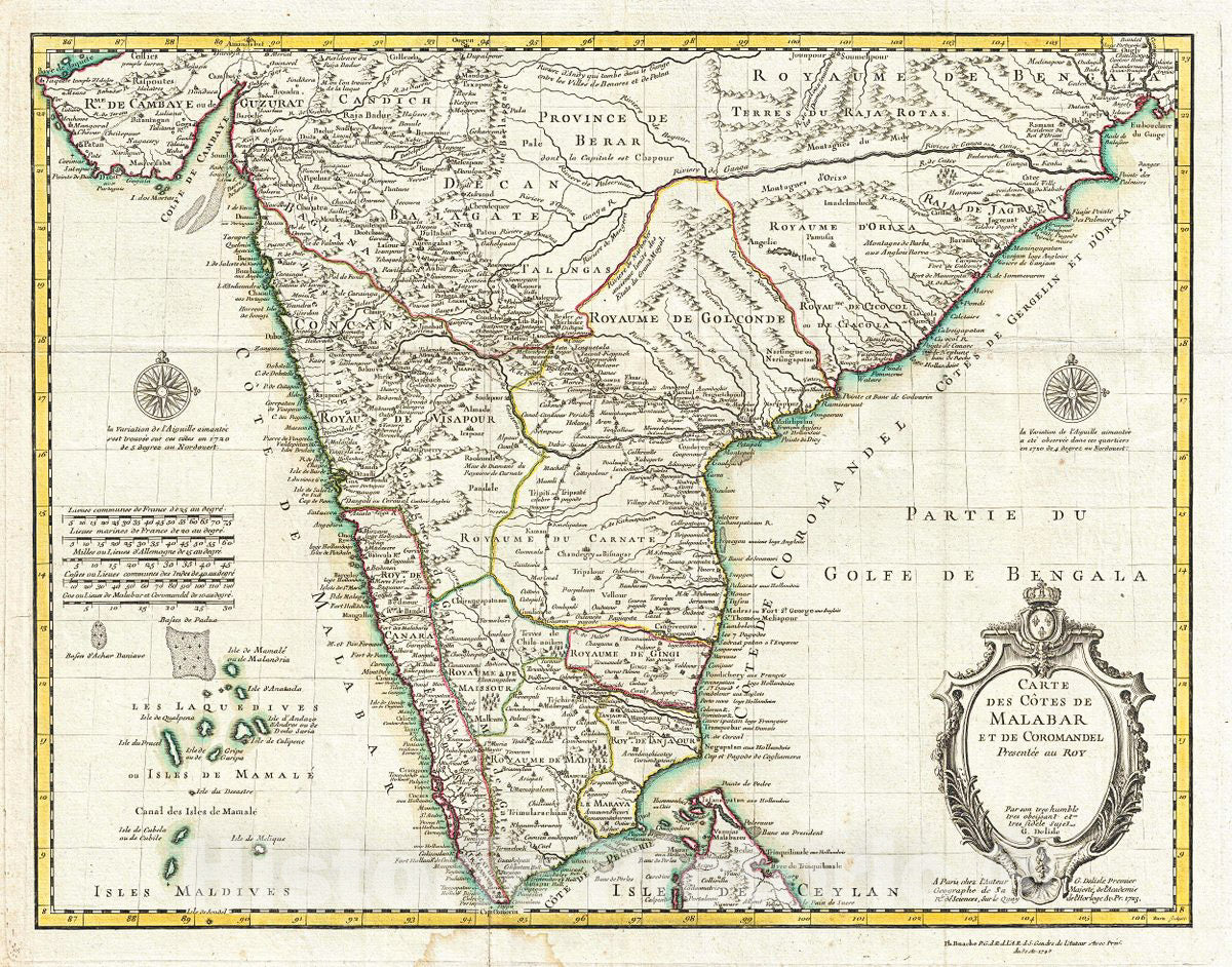 Historic Map : Delisle Map of Southern India, 1745, Vintage Wall Art