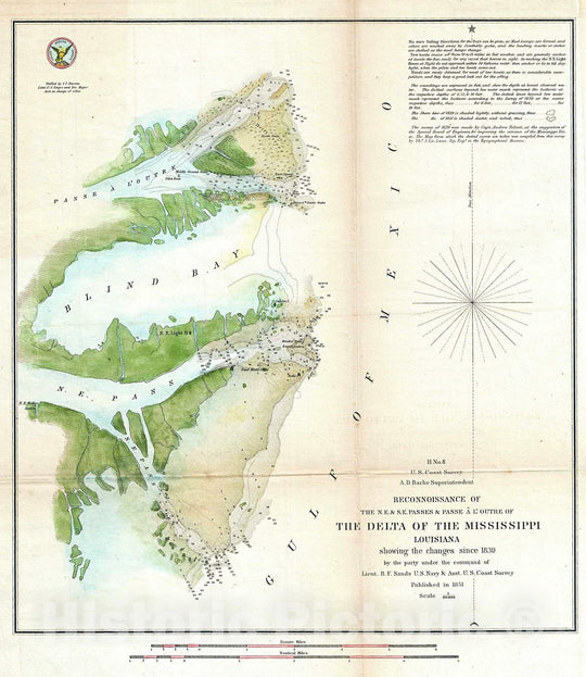 Historic Map : U.S. Coast Survey Chart or Antique Map of The Delta of The Mississippi River, Louisiana, 1851, Vintage Wall Art