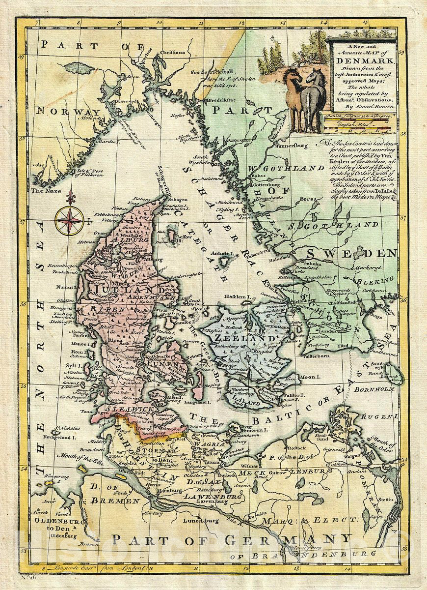 Historic Map : Bowen Map of Denmark, 1747, Vintage Wall Art