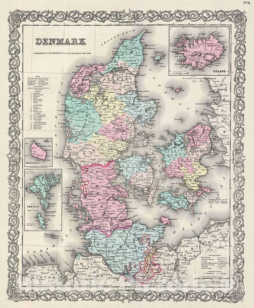 Historic Map : Colton Map of Denmark, 1856, Vintage Wall Art