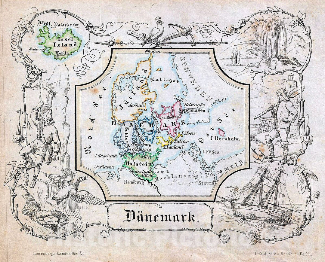 Historic Map : Lowenberg Whimsical Map of Denmark, 1846, Vintage Wall Art