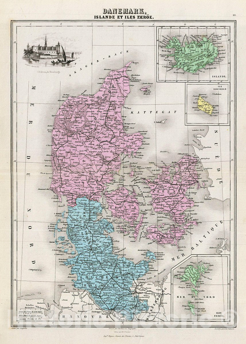 Historic Map : Migeon Map of Denmark, Iceland and The Faroe Islands, 1878, Vintage Wall Art