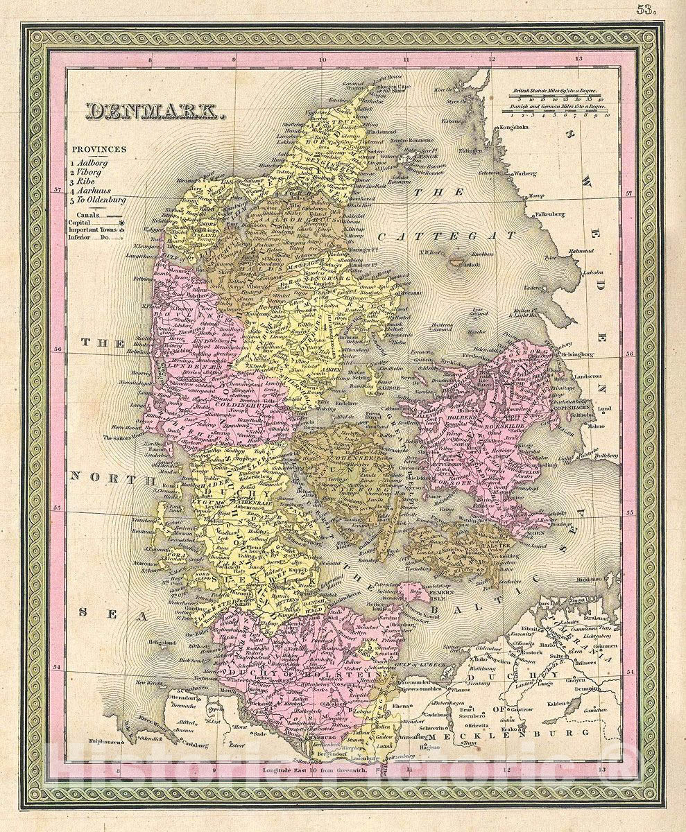 Historic Map : Mitchell Map of Denmark, 1849, Vintage Wall Art