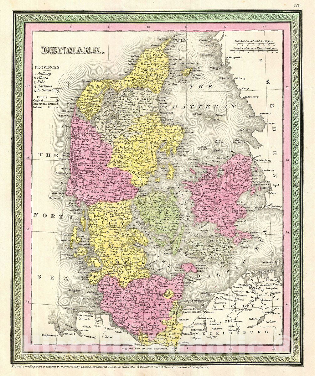 Historic Map : Mitchell Map of Denmark, Version 2, 1854, Vintage Wall Art