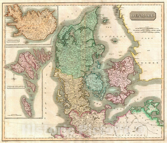 Historic Map : Thomson Antique Map of Denmark with Insets of Iceland and The Feroe Islands, 1814, Vintage Wall Art