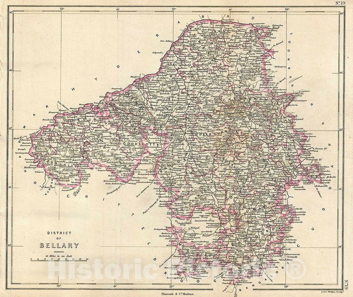 Historic Map : Pharoah Map of The District of Ballari, Karnataka, India, 1854, Vintage Wall Art