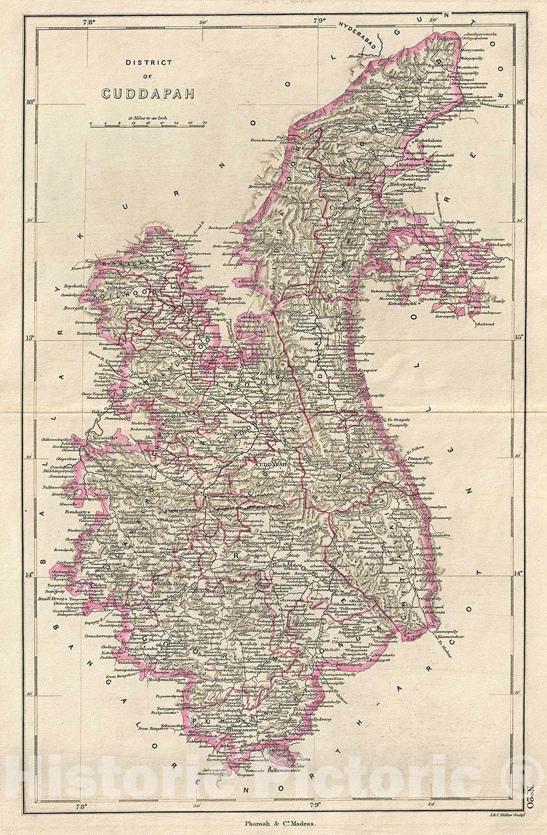 Historic Map : Pharoah and Company Map of The Cuddapah District of Kadapa in Andhra Pradesh, India, 1854, Vintage Wall Art