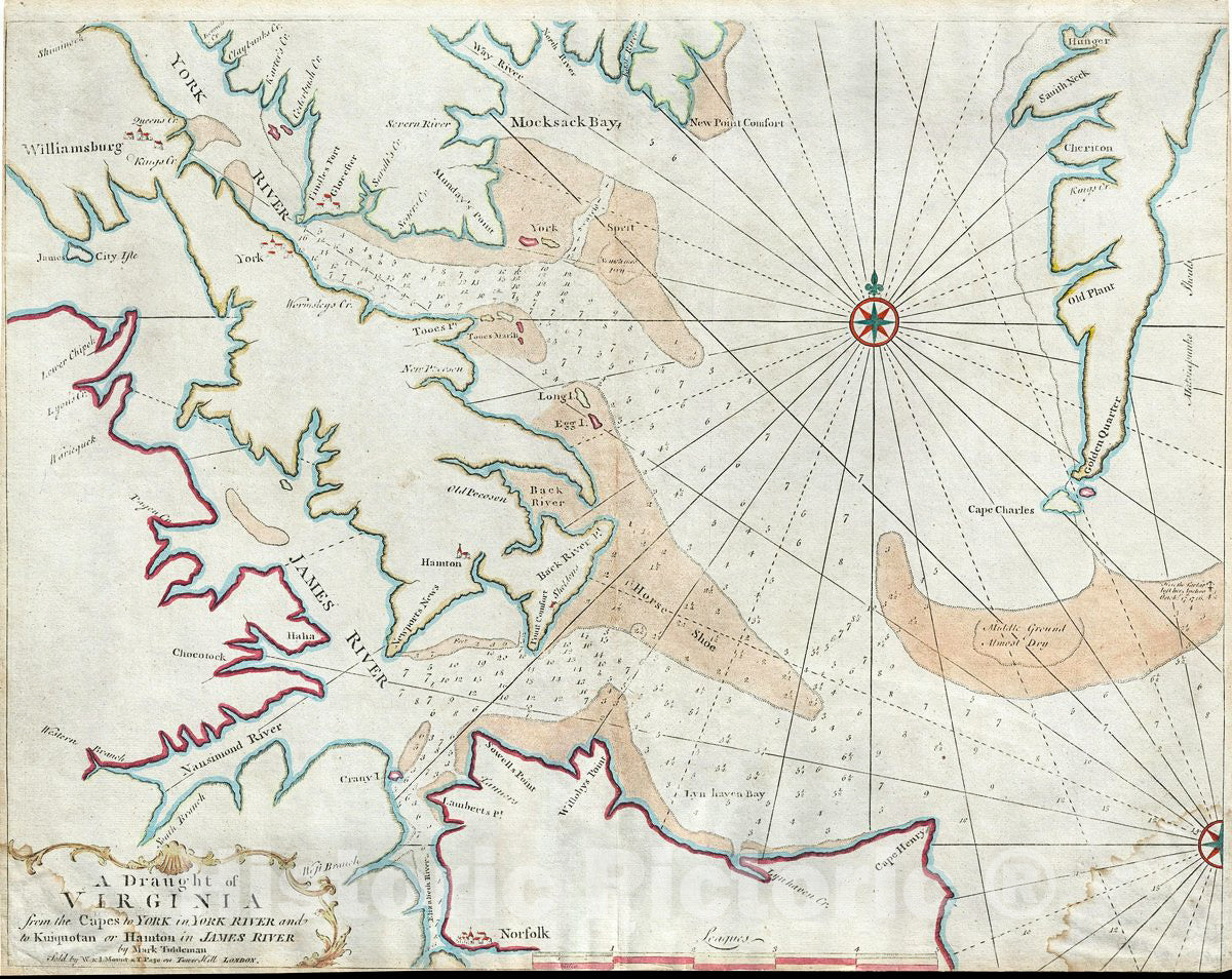 Historic Map : Tiddeman Map of The Chesapeake Bay Entrance, York River, and James River, 1751, Vintage Wall Art