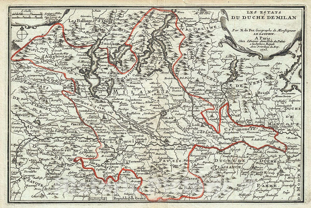 Historic Map : De Fer Map of The Duchy of Milan, Northern Italy, 1701, Vintage Wall Art