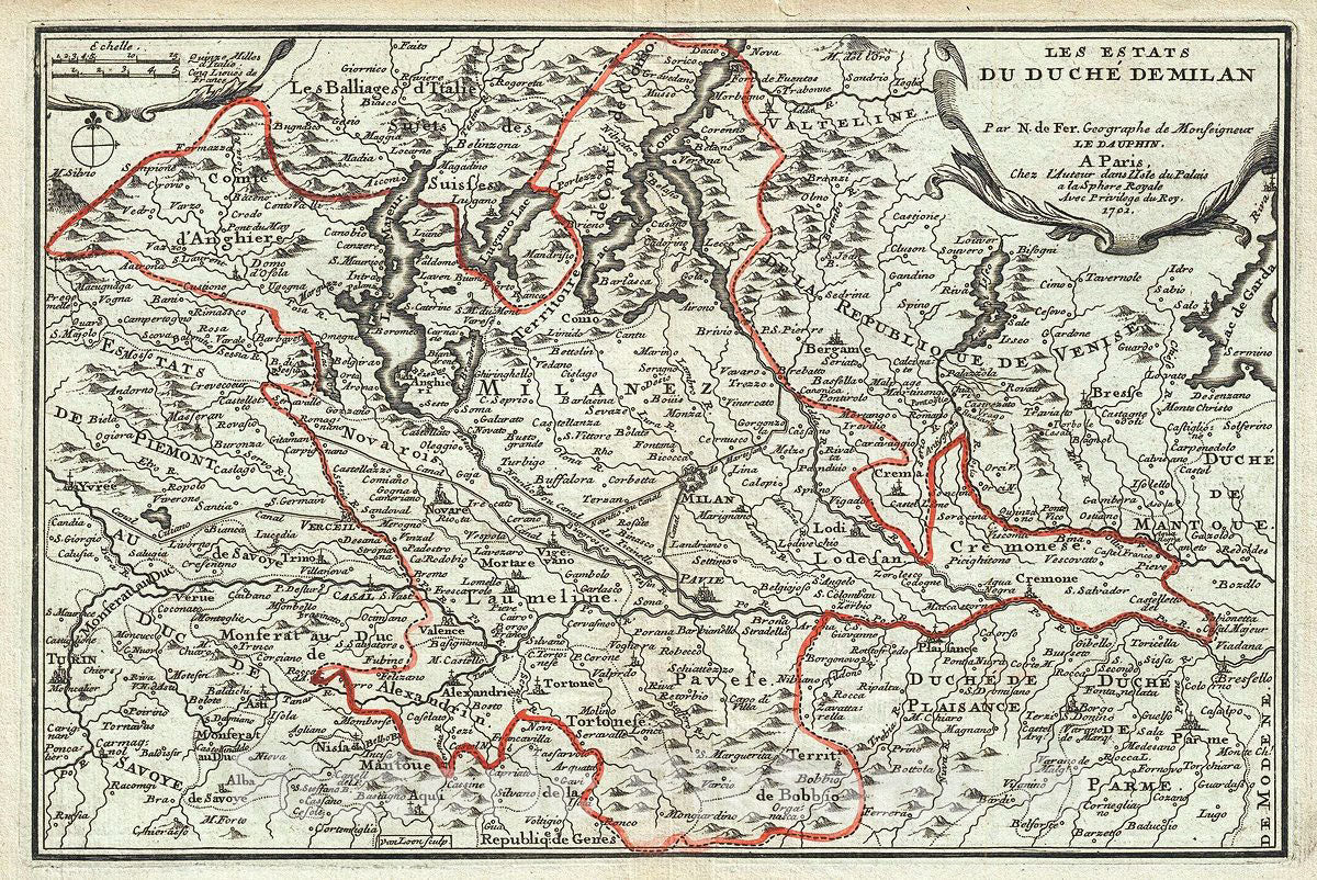 Historic Map : De Fer Map of The Duchy of Milan, Northern Italy, 1701, Vintage Wall Art