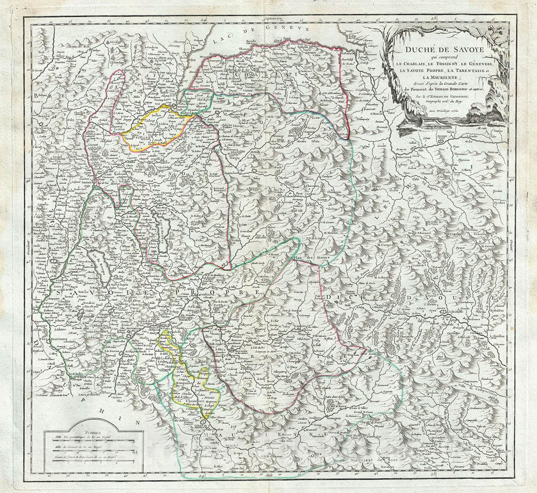 Historic Map : Vaugondy Antique Map of The Duchy of Savoy, France, 1752, Vintage Wall Art