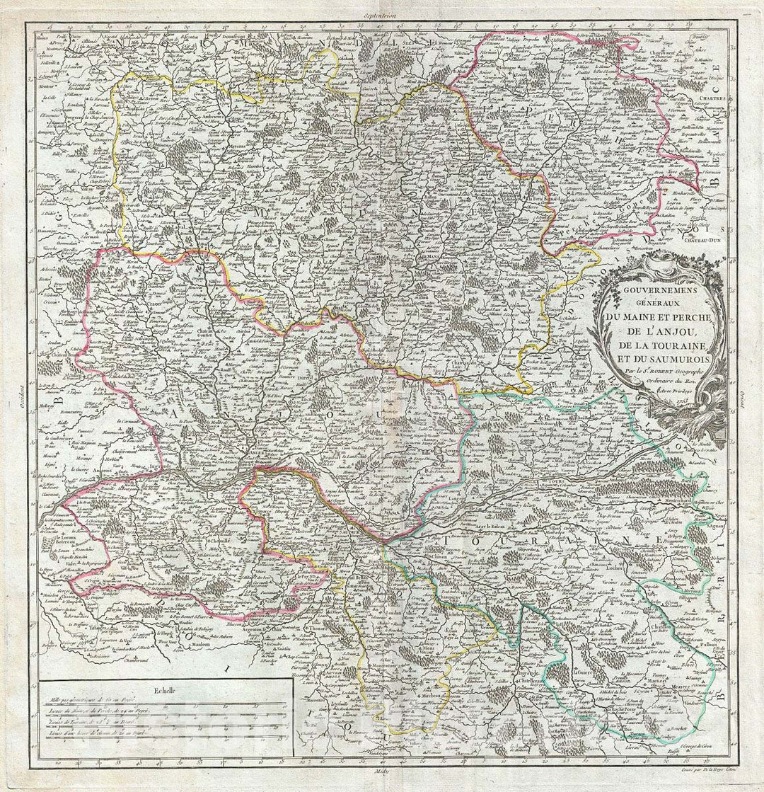 Historic Map : Vaugondy Antique Map of The Maine, Perche, Touraine and Anjou, France, 1753, Vintage Wall Art