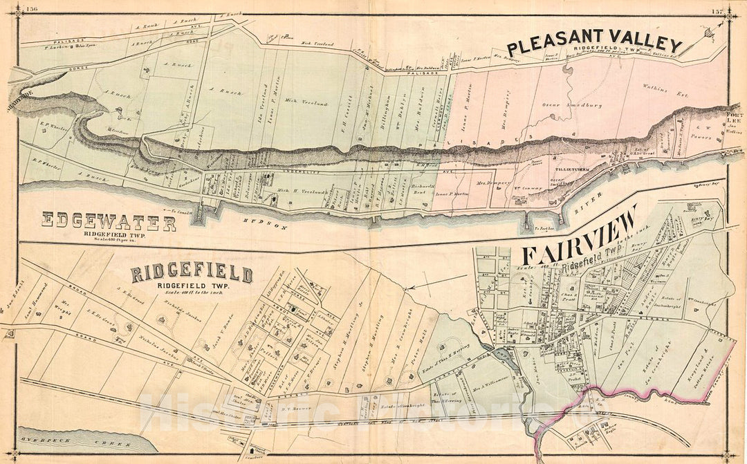 Historic Map : Walker Antique Map of Edgewater, Pleasant Valley, Ridgefiled, Fairview, New Jersey, 1876, Vintage Wall Art