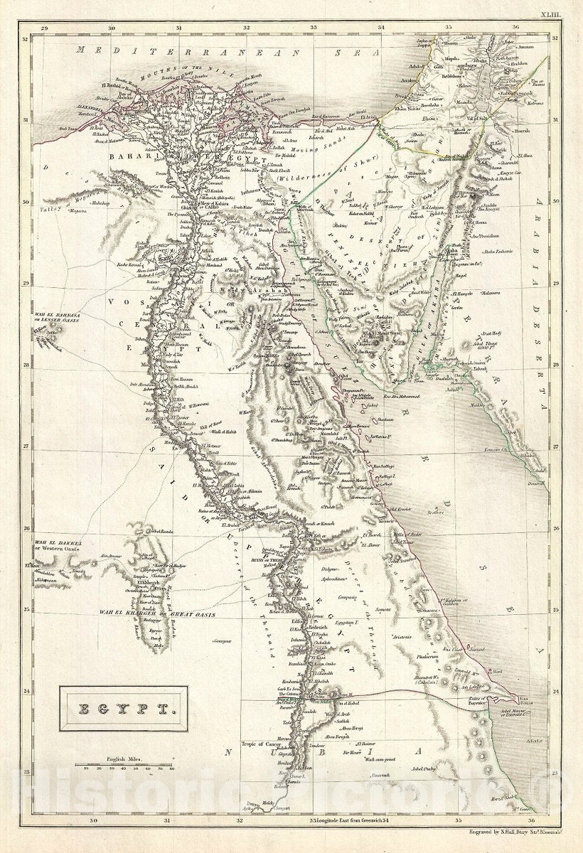 Historic Map : Black Map of Egypt and The Sinai, 1844, Vintage Wall Art