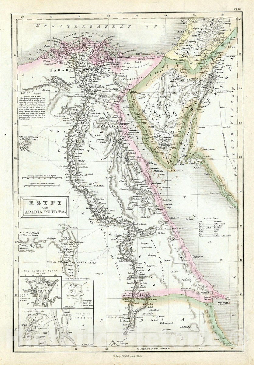 Historic Map : Black Map of Egypt and The Sinai, Version 2, 1851, Vintage Wall Art