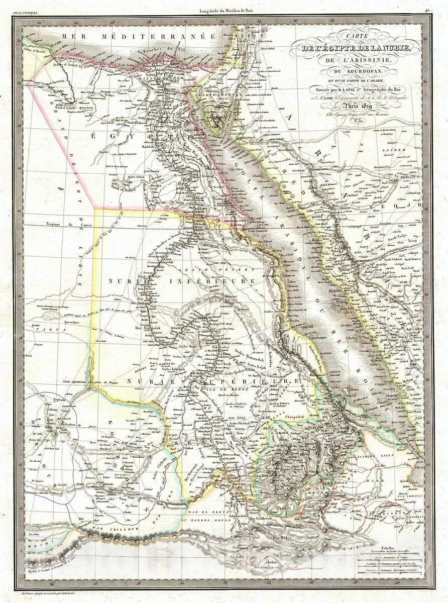 Historic Map : Lapie Map of Egypt from Nubia, Abyssinia, Kordofan, 1829, Vintage Wall Art