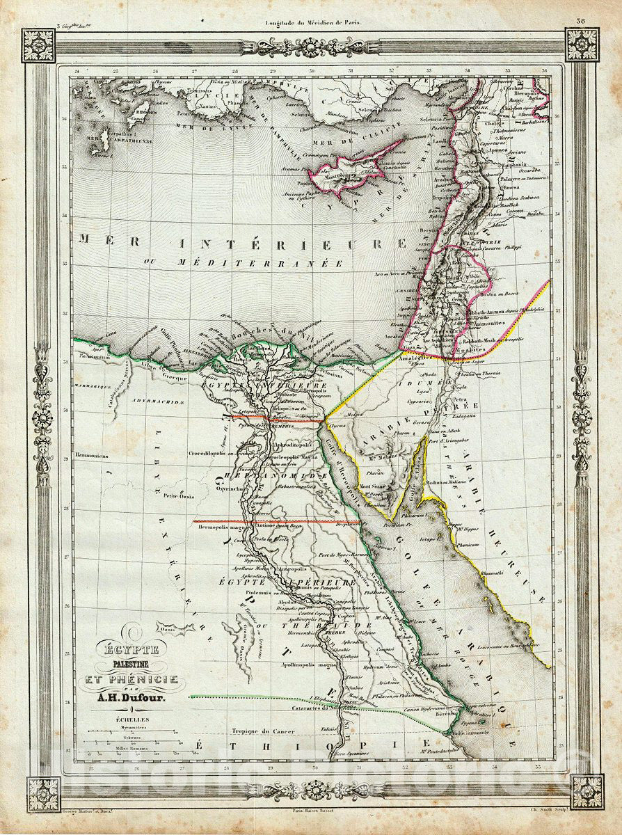 Historic Map : Dufour Map of Egypt and Palestine, 1852, Vintage Wall Art