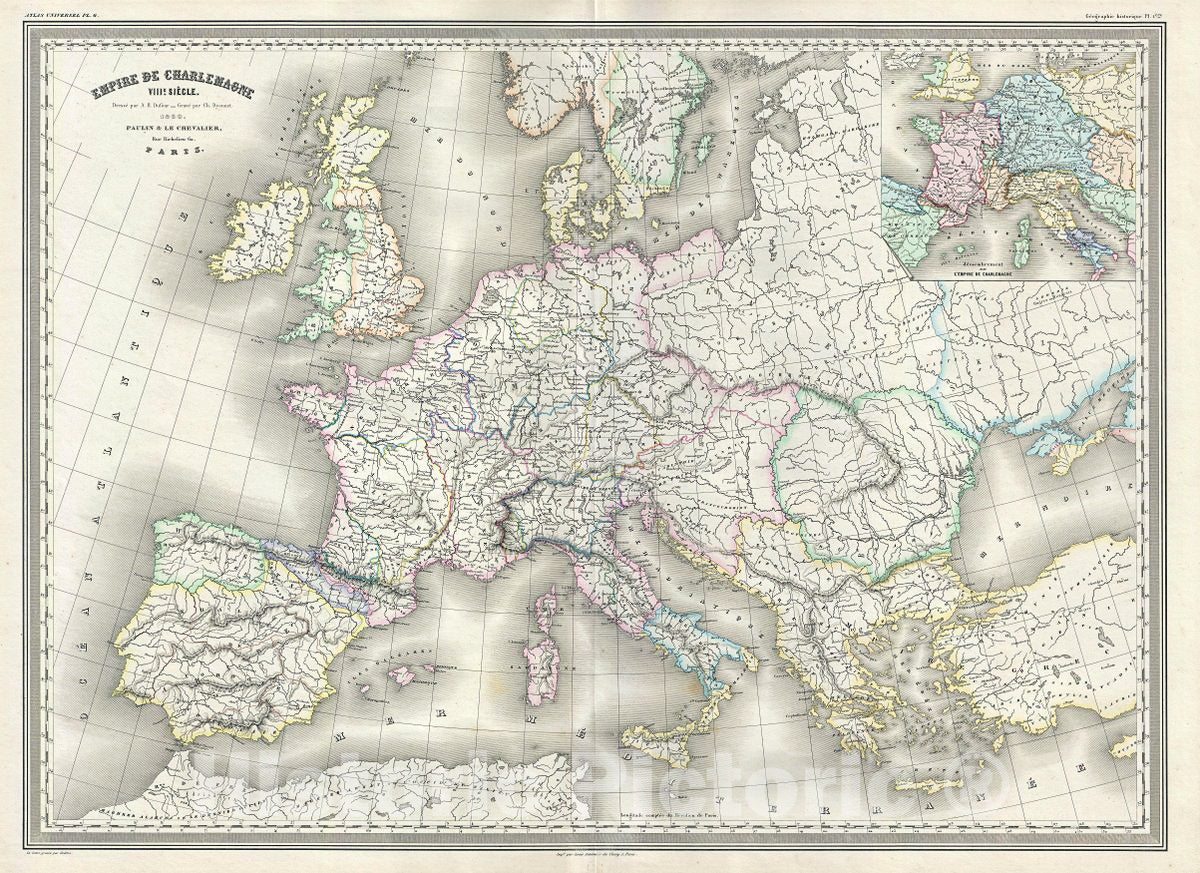 Historic Map : Dufour Map of Europe Under Charlemagne, Version 2, 1860, Vintage Wall Art