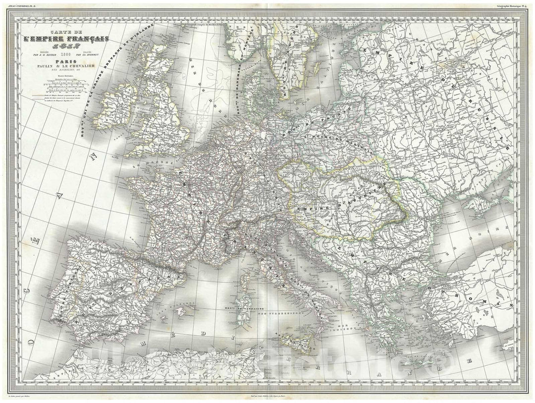 Historic Map : Dufour Map of Europe and The French or Napoleonic Empire, 1860, Vintage Wall Art