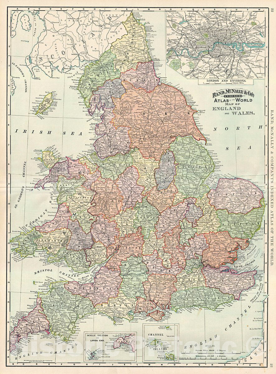 Historic Map : Rand McNally Map of England and Wales, 1892, Vintage Wall Art