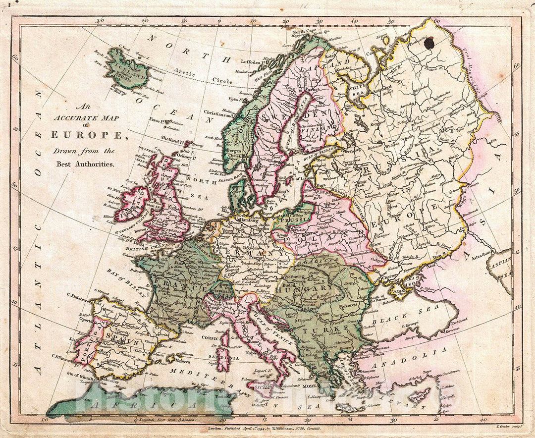 Historic Map : Wilkinson Map of Europe, 1794, Vintage Wall Art